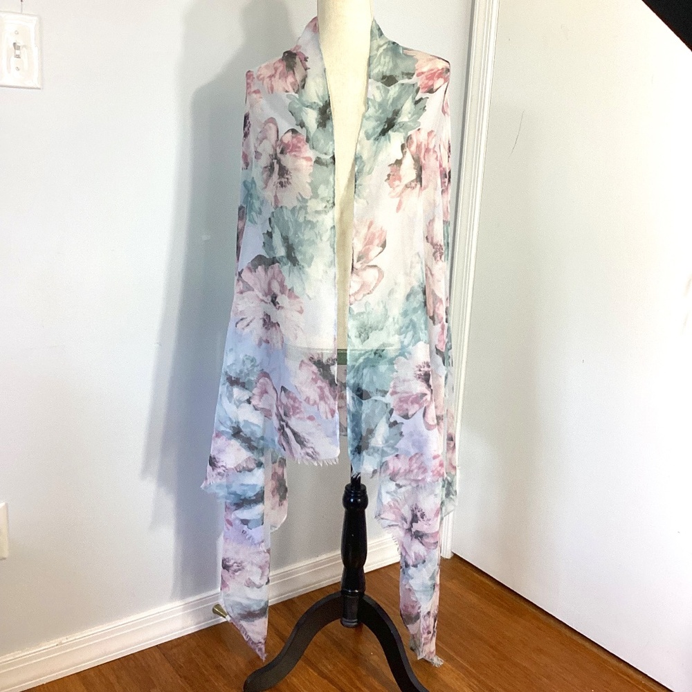 NICOLE MARCIANO SCARF PAREO SHAWL COVER UP FLORAL GREY PURPLE XL  76x40”
